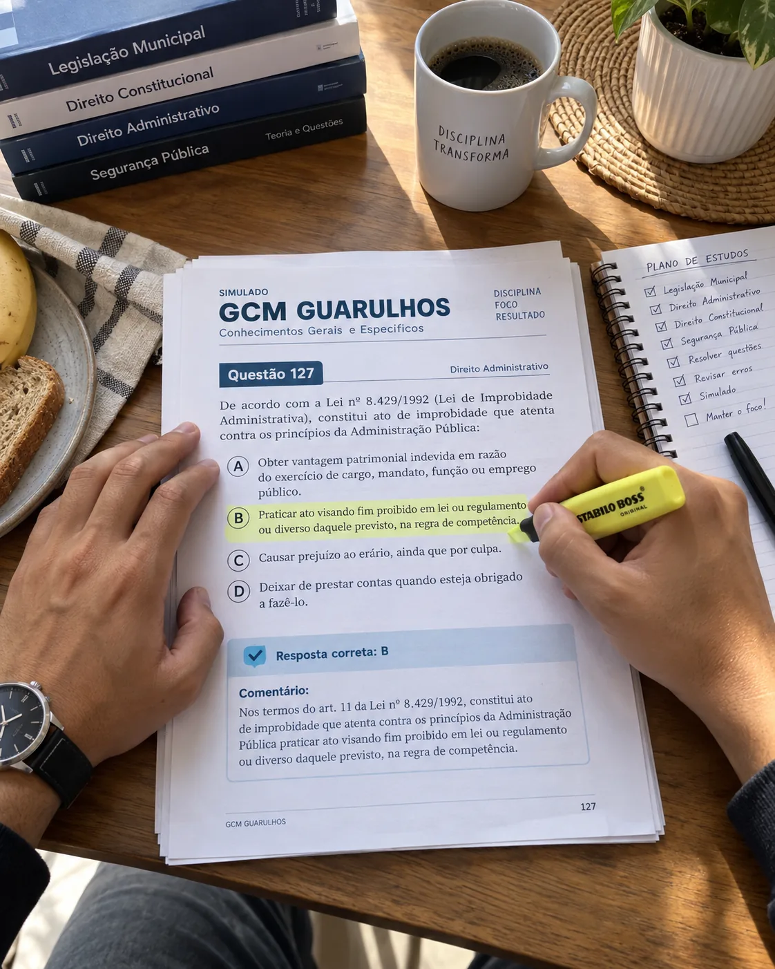 Estudo em casa com material impresso, marca-texto e comentário da questão